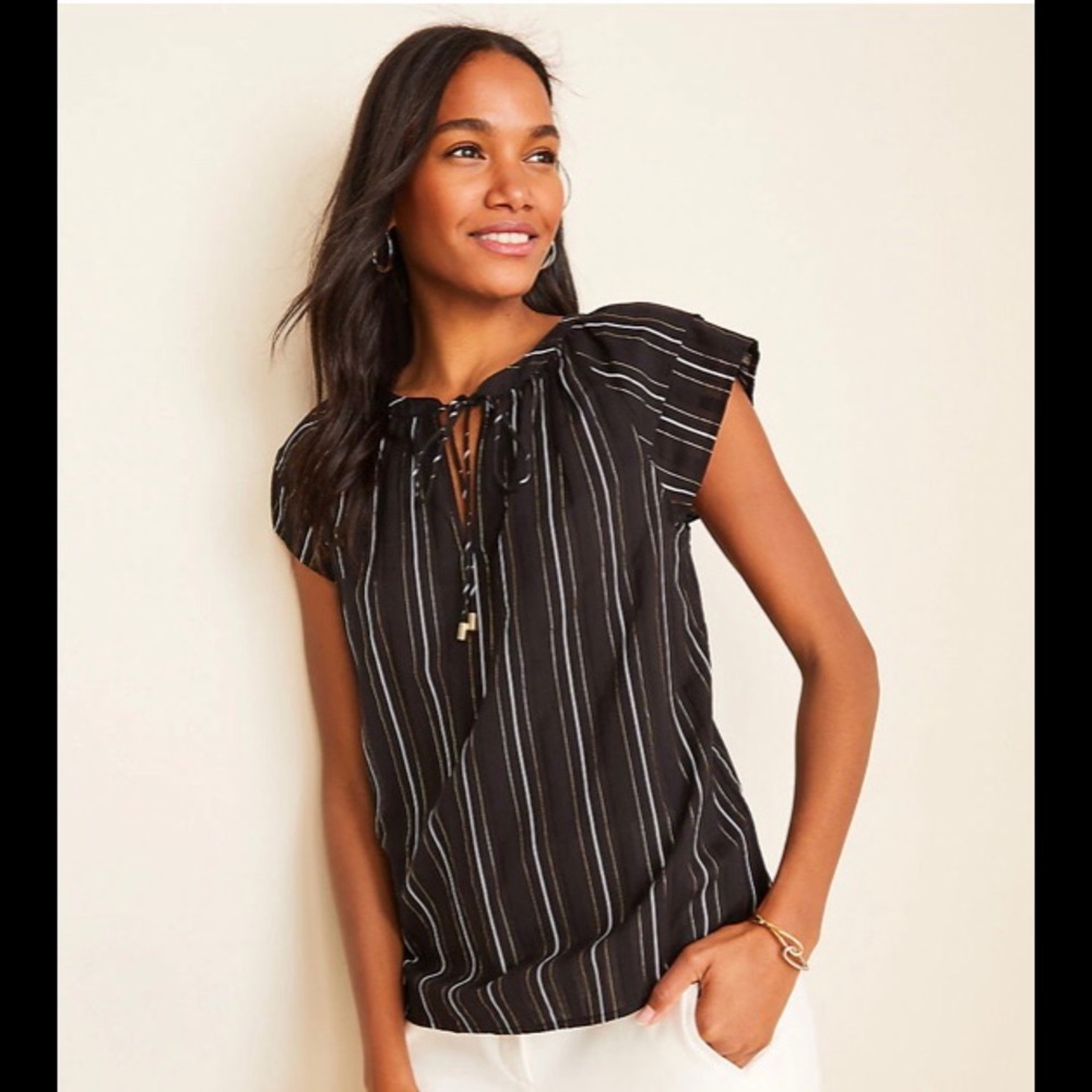 Metallic stripe flutter sleeve tie neck top